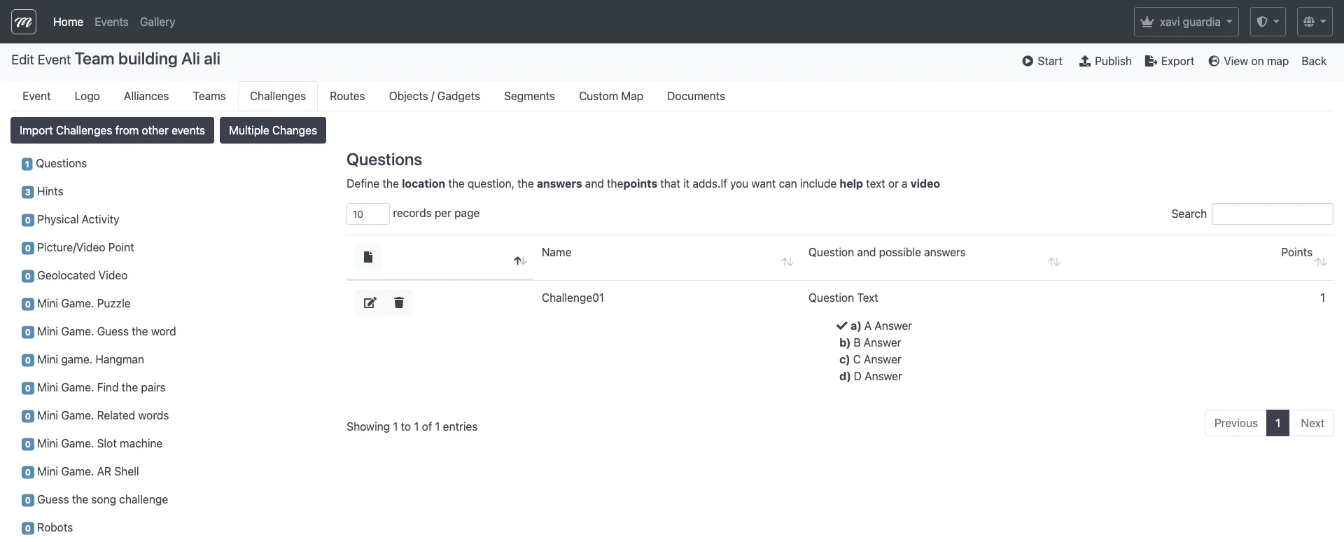 Lista de retos con la opción de importación