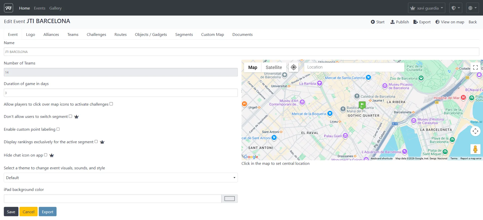 Barra de acciones del evento con controles Iniciar/Detener