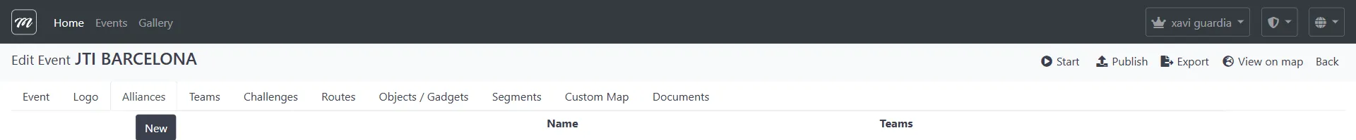Pestaña Alliances mostrando la lista vacía de alianzas