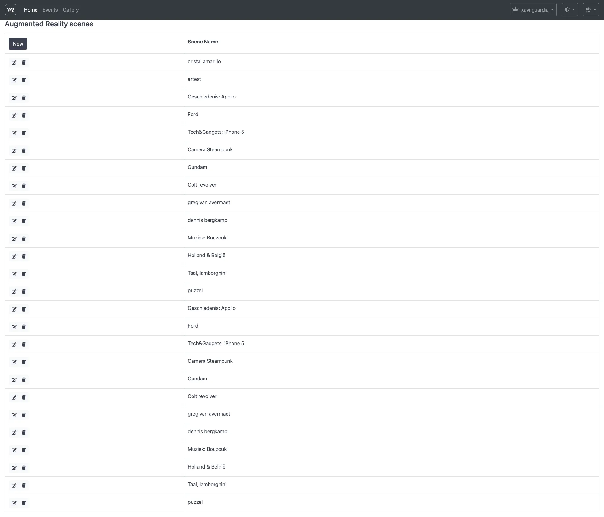 Lista de escenas de RA mostrando una tabla con nombres de escenas e iconos de editar y eliminar por cada fila