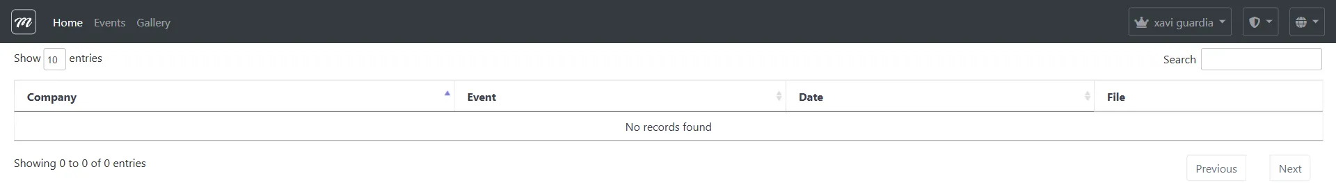 Lista de resultados archivados con columnas de Company, Event, Date y File