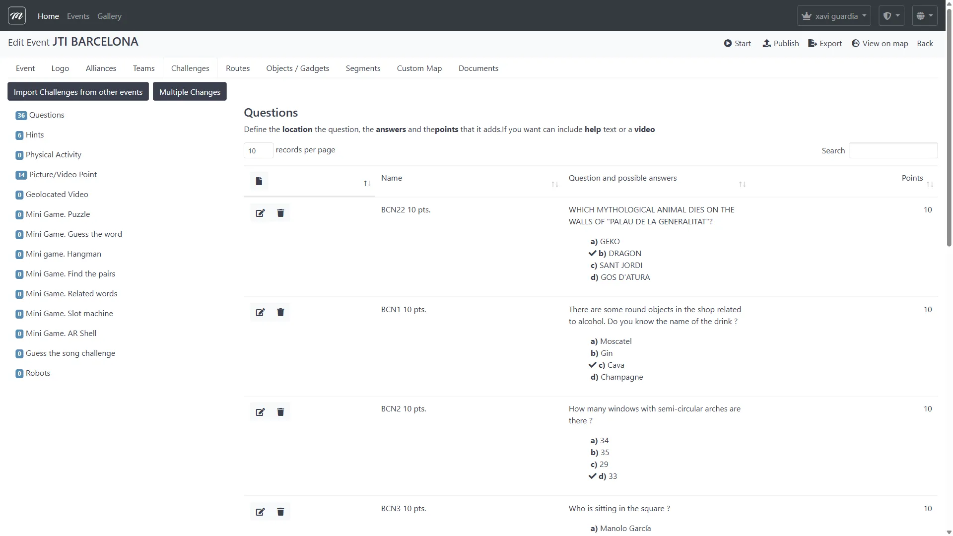 Lista de retos mostrando 56 retos con sidebar de tipos contando 14 tipos de reto