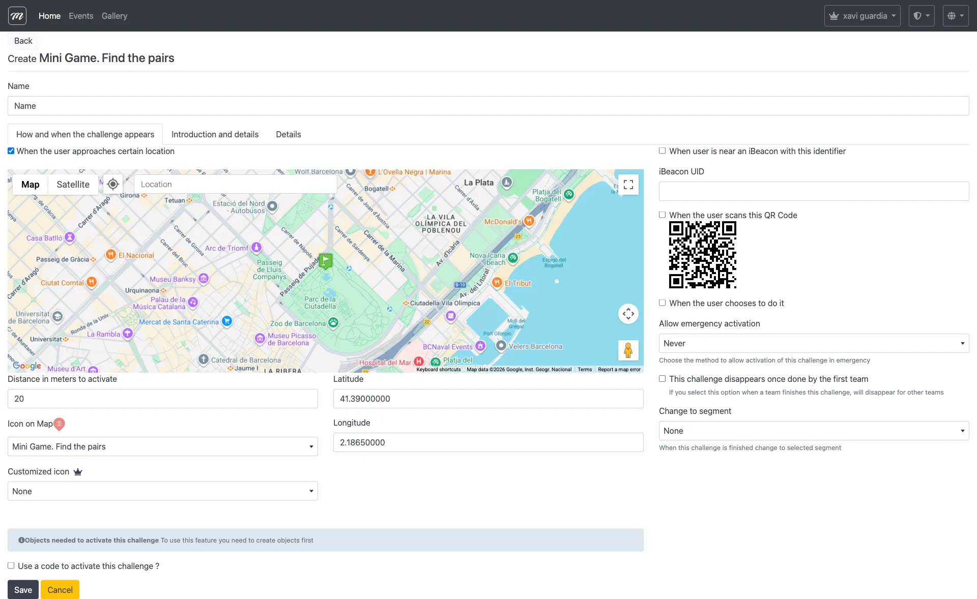 Formulario de creación del reto Encuentra las parejas mostrando los campos comunes estándar
