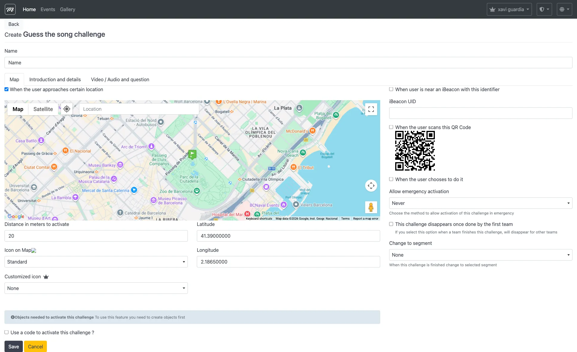 Formulario de creación del reto Adivina la canción mostrando los campos comunes estándar más la casilla de mostrar respuesta correcta