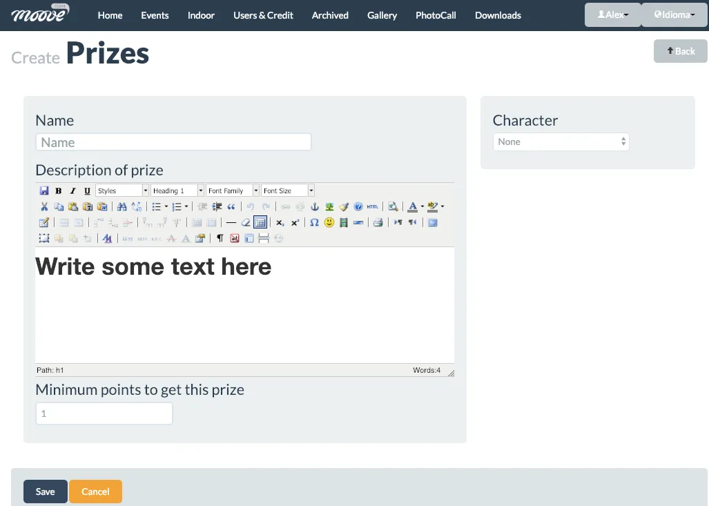 Formulario de creación del challenge Prizes mostrando elementos de premio y configuración de probabilidades
