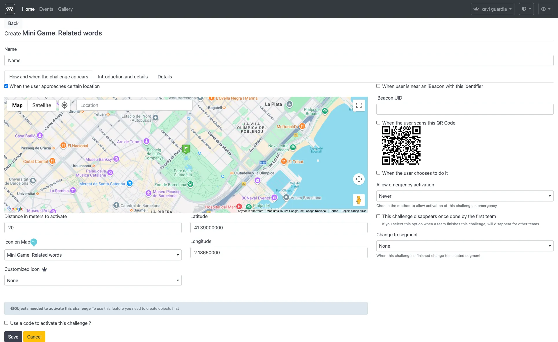 Formulario de creación del reto Palabras relacionadas mostrando los campos comunes estándar