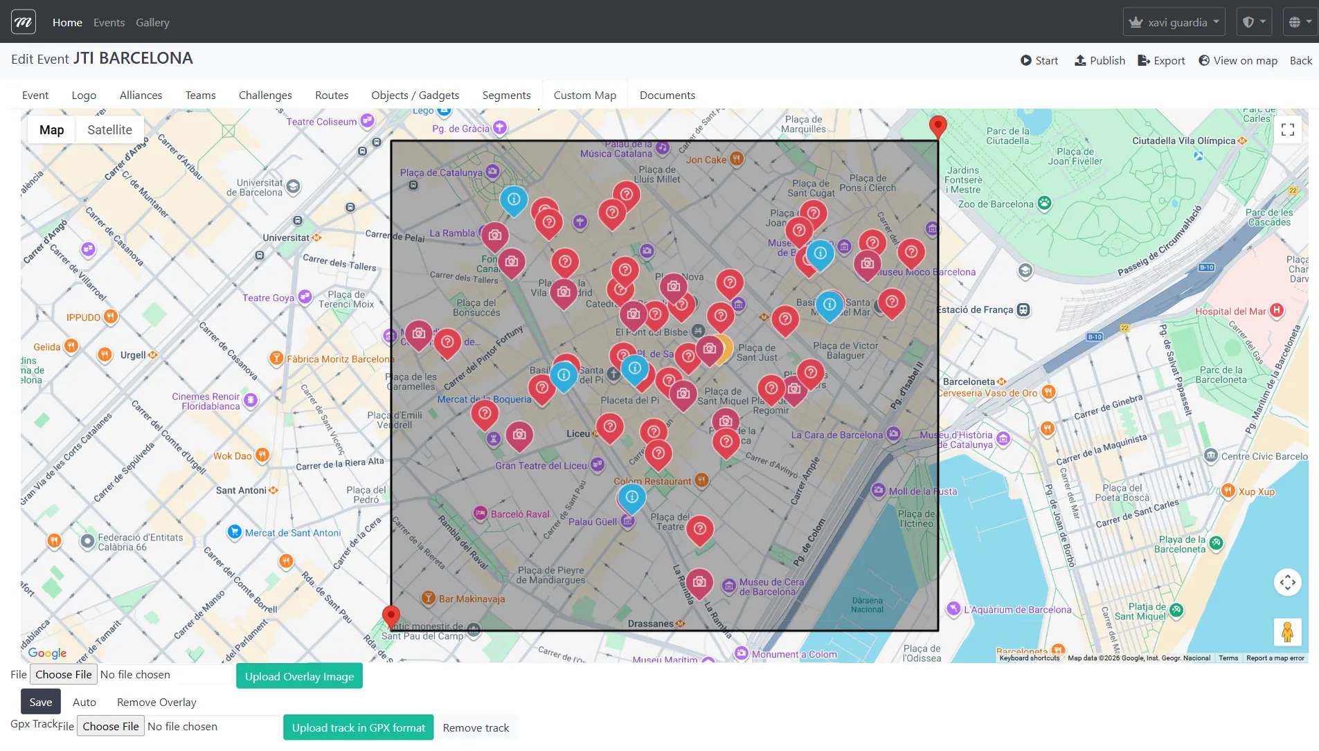 Pestaña de mapa personalizado mostrando una ilustración de Barcelona superpuesta a Google Maps