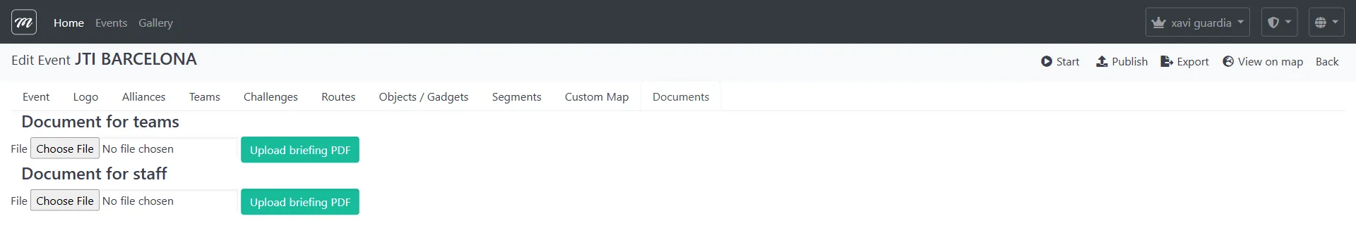 Pestaña Documents mostrando tres secciones: Teams, Staff y AR Package