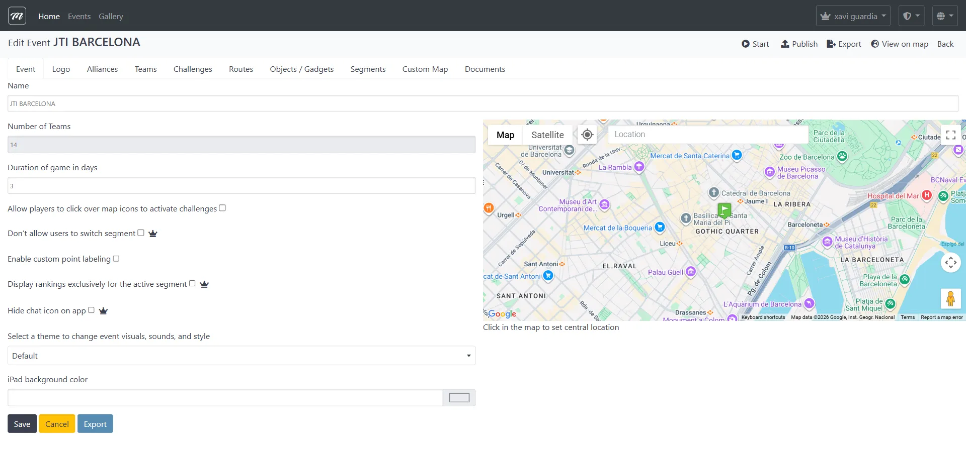 Pestaña Event mostrando ajustes generales, casillas de juego y acciones de guardado