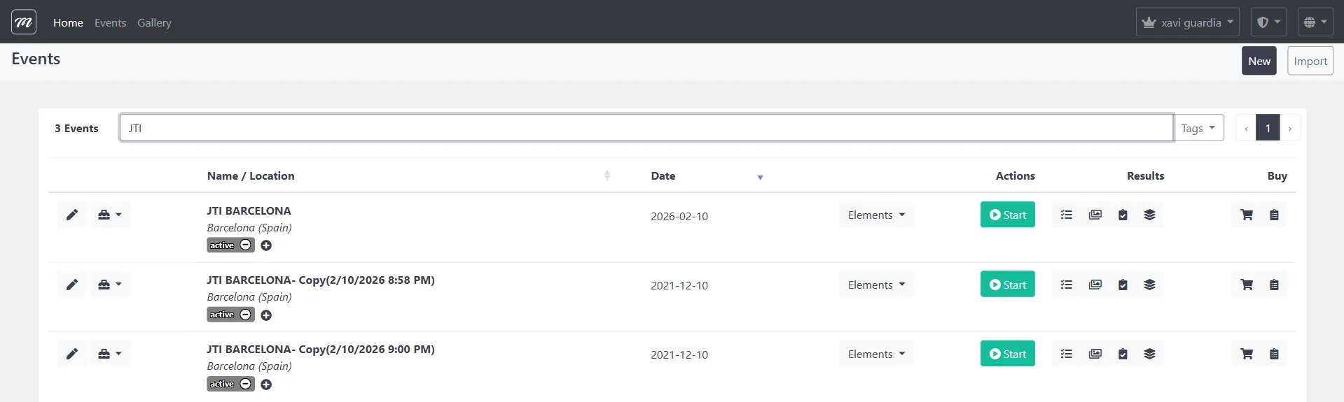 Lista de eventos con el botón New visible en la barra de herramientas superior