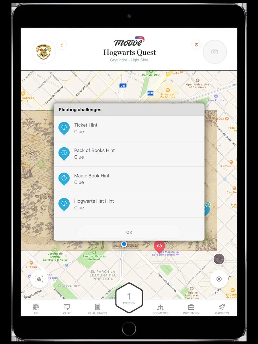 Lista flotante de challenges mostrando los challenges disponibles para activar