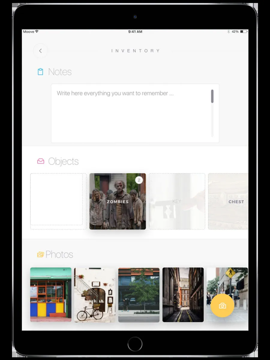 Pantalla de inventario mostrando objetos coleccionados