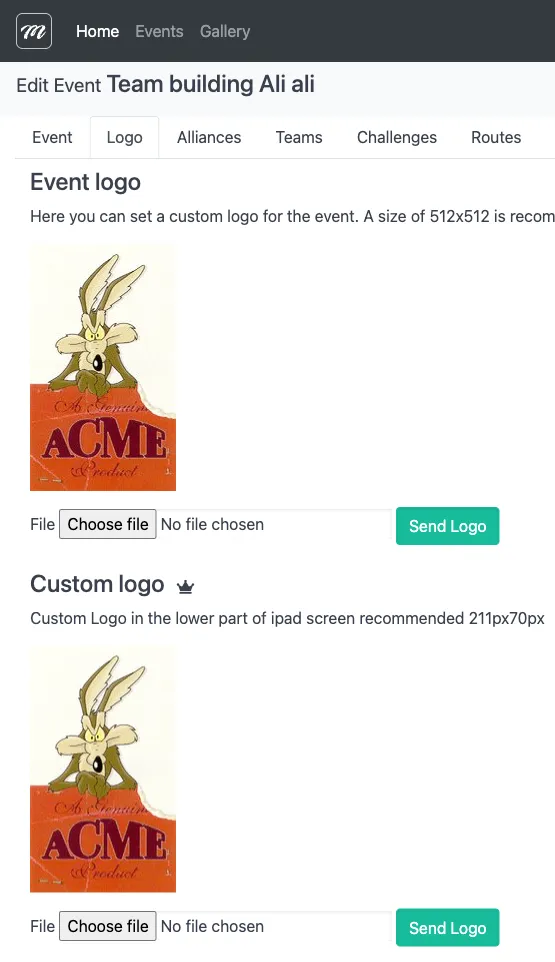 Pestaña Logo mostrando dos secciones de carga de archivo: logo del evento arriba y logo de la barra inferior debajo