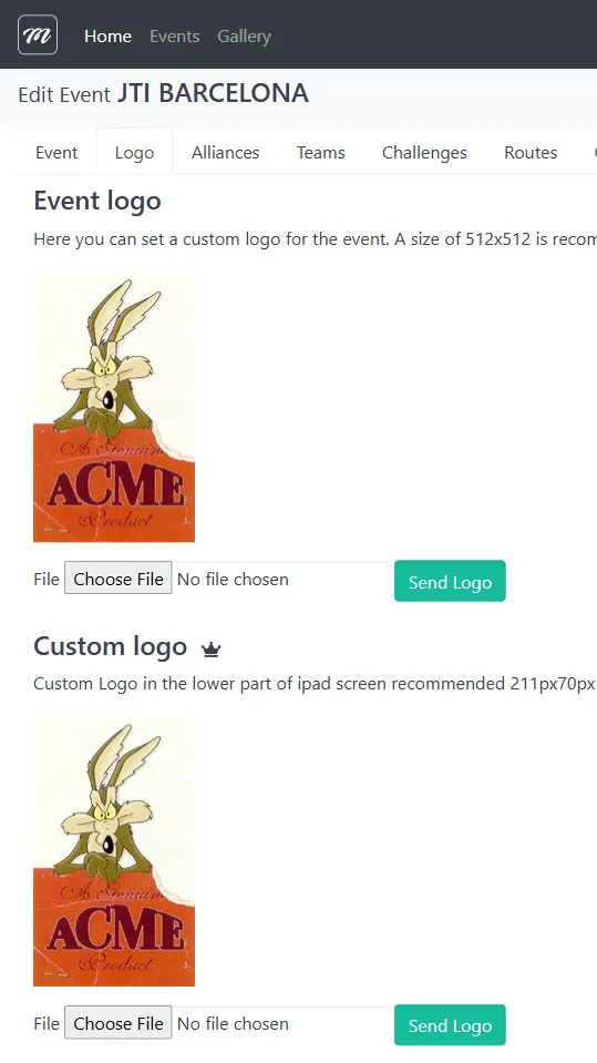 Pestaña Logo con áreas de subida para logo del evento y logo de barra inferior