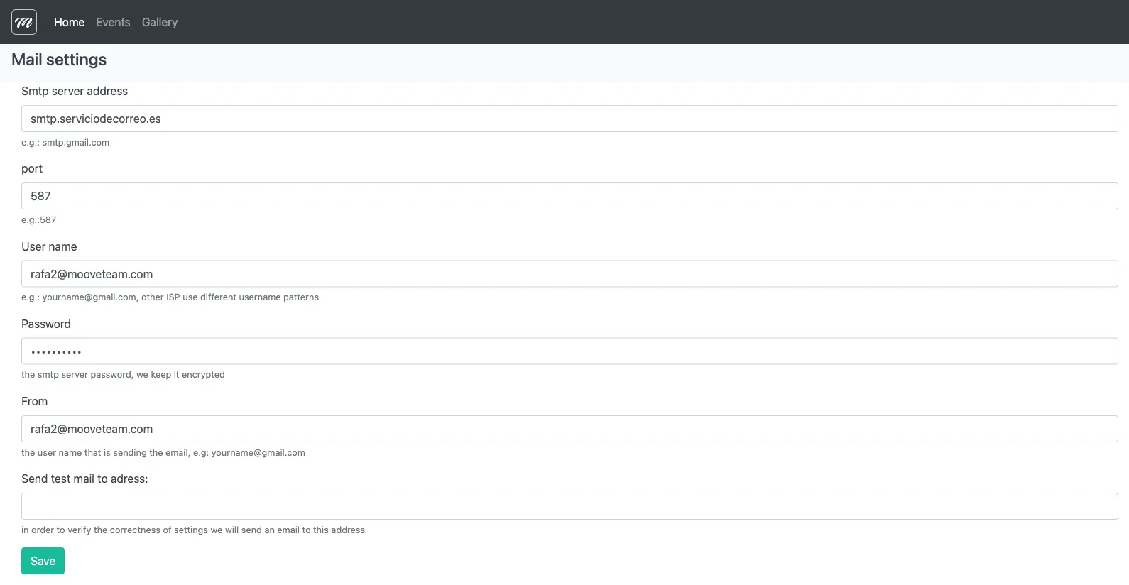 Mail Settings page with SMTP configuration fields