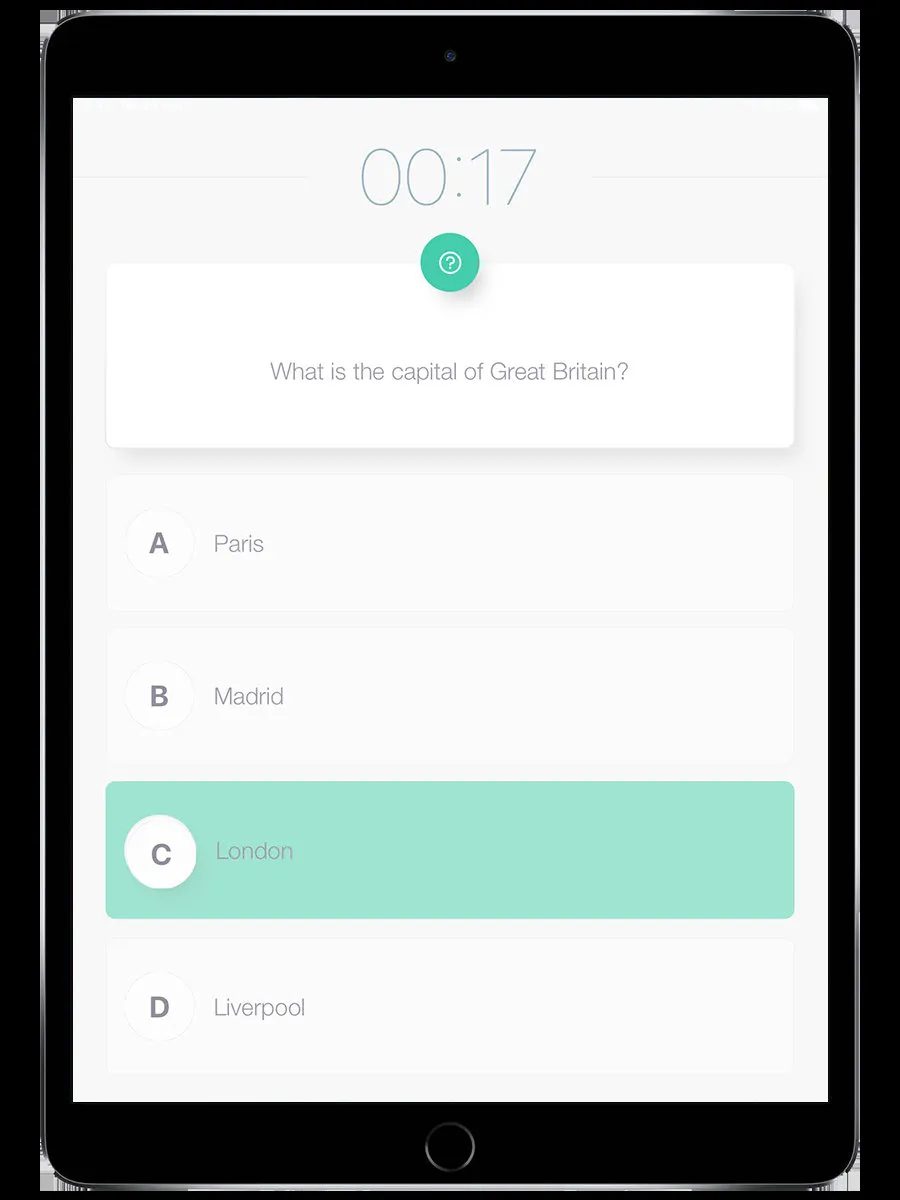 Pantalla del challenge Question mostrando respuestas de opción múltiple y temporizador de cuenta atrás