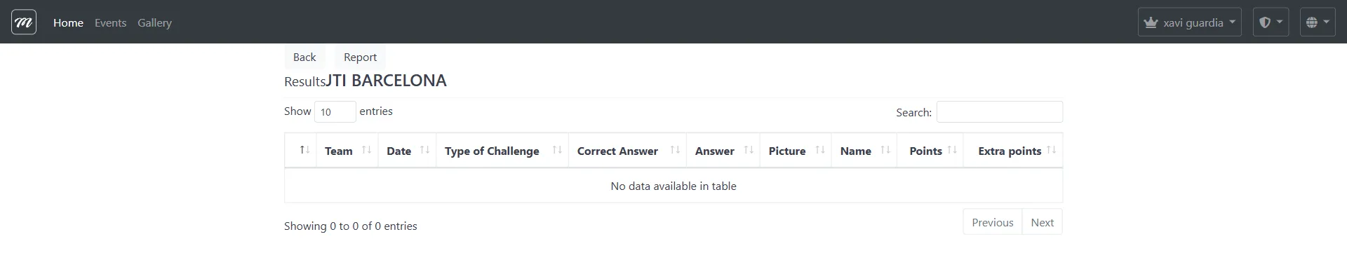 Lista de resultados mostrando todos los registros de puntuación: equipo, fecha, tipo de reto, respuestas, puntos