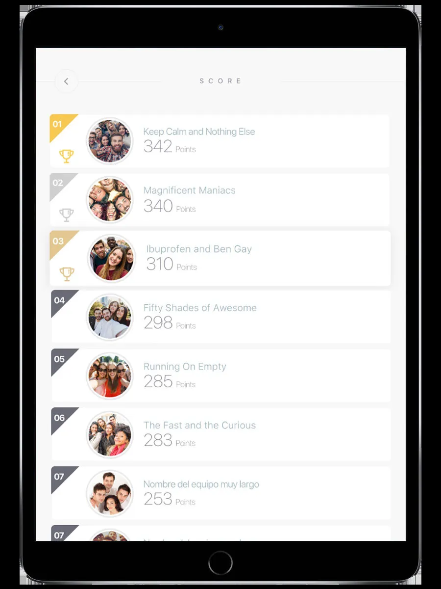 Pantalla de ranking mostrando las posiciones de los equipos y sus puntuaciones