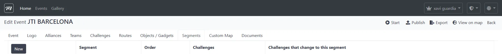 Pestaña Segments mostrando una lista vacía de segmentos con encabezados de columna