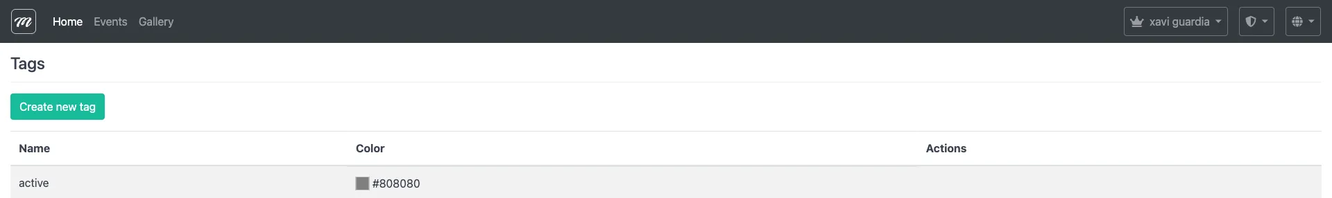 Página de etiquetas mostrando la tabla de etiquetas con una etiqueta ("active" en gris) y el botón Create new tag