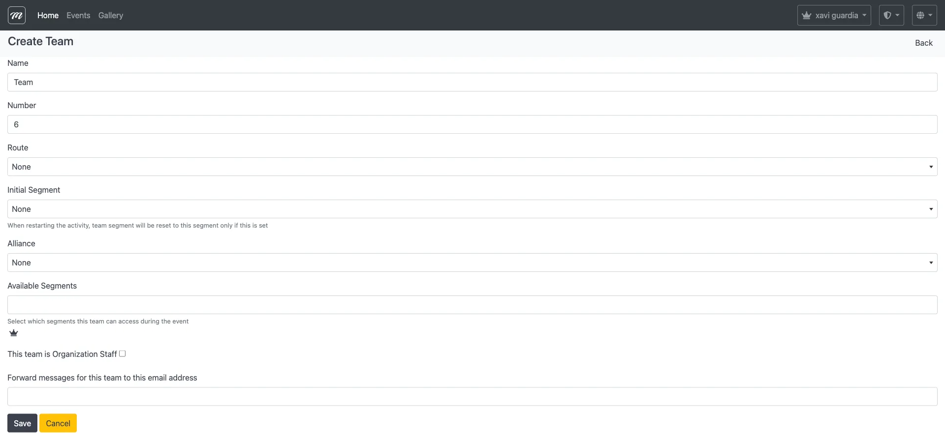 Team create form with name, number, email, route, and alliance fields