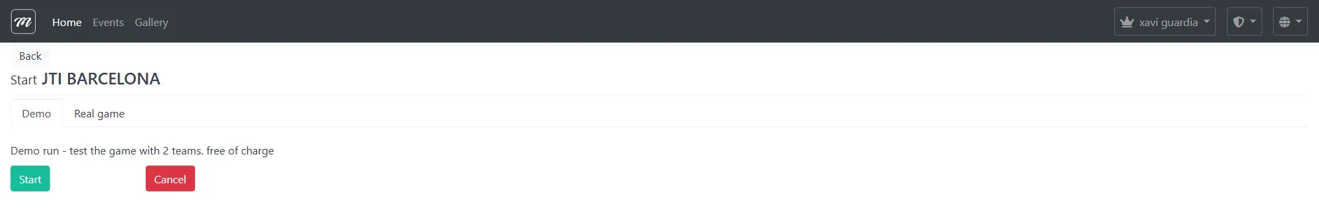 Página de confirmación previa al inicio mostrando el nombre del evento y las pestañas Demo / Real Game
