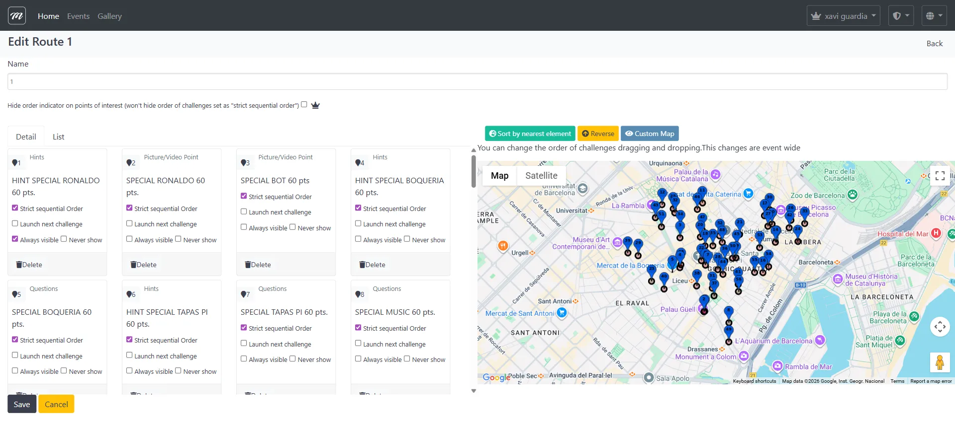 Sección superior del detalle de ruta mostrando tarjetas de retos con casillas para controles de ordenación y botones de posicionamiento en mapa