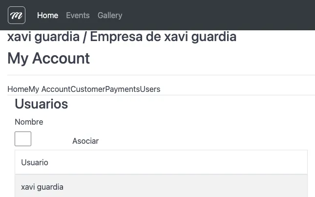 Pestaña Users mostrando la lista de usuarios asociados y el formulario de asociación