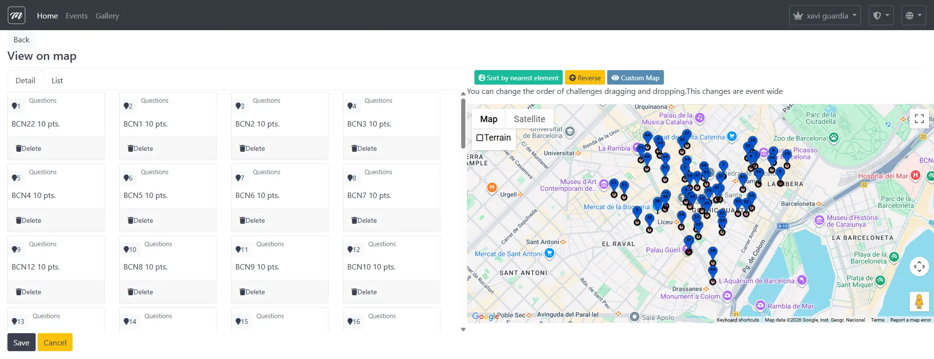 Vista de mapa mostrando todas las ubicaciones de retos como pines numerados