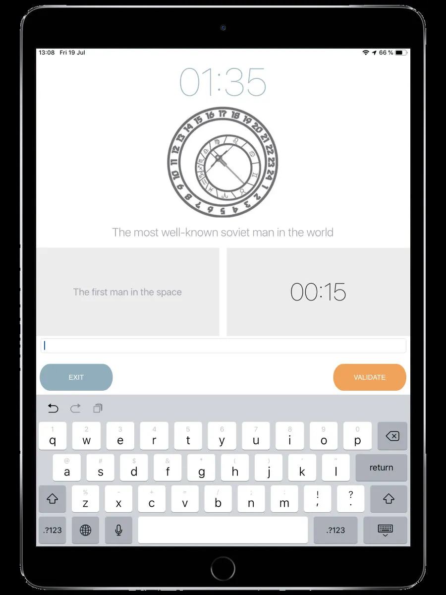 Variante del ahorcado mostrando una imagen de reloj zodiacal, espacios para letras y un teclado para adivinar