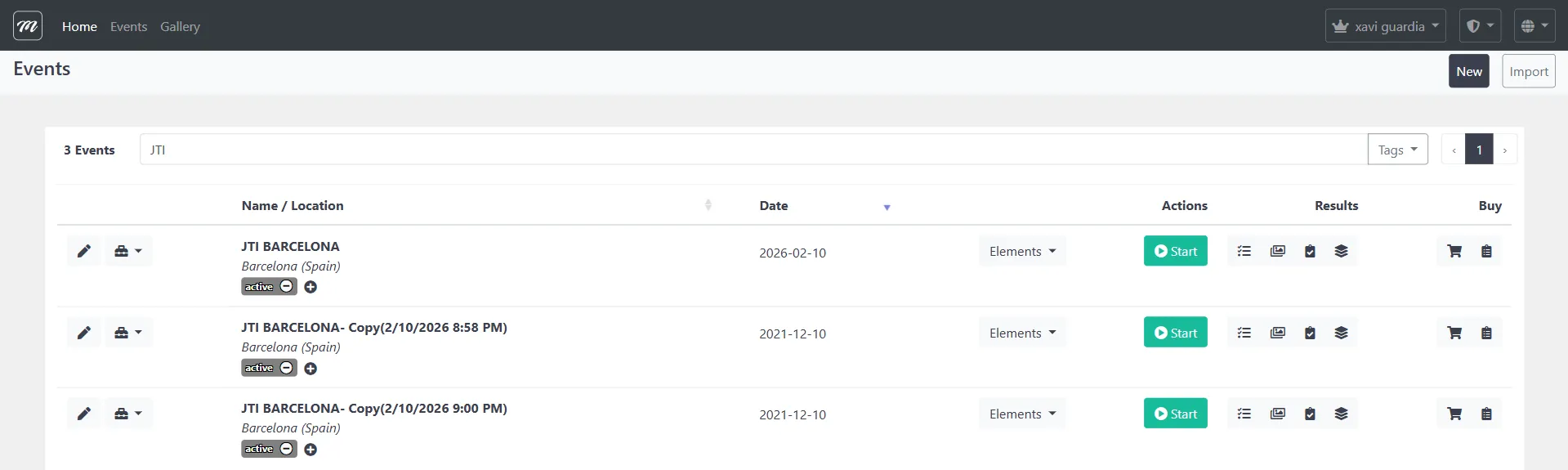Lista de eventos después de una descarga de exportación exitosa