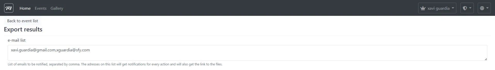 Formulario de exportación de fotos mostrando la lista de correos de notificación y botón Export