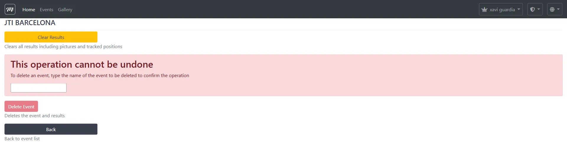Página de confirmación de limpiar resultados y eliminar evento