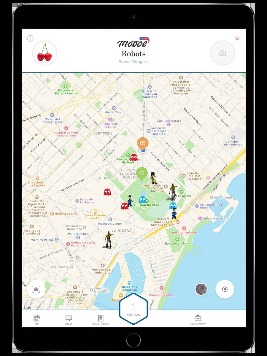 Challenge Robot mostrando personajes animados de fantasma y zombie moviéndose en un mapa de Barcelona