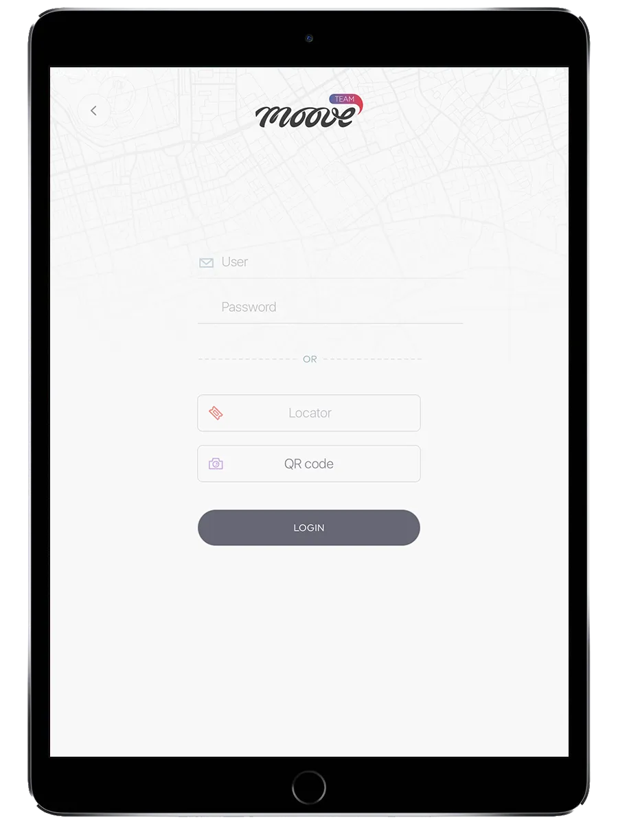 Pantalla de login de MooveXR mostrando campos de Usuario/Contraseña, campo de código Localizador, botón de código QR y botón Login
