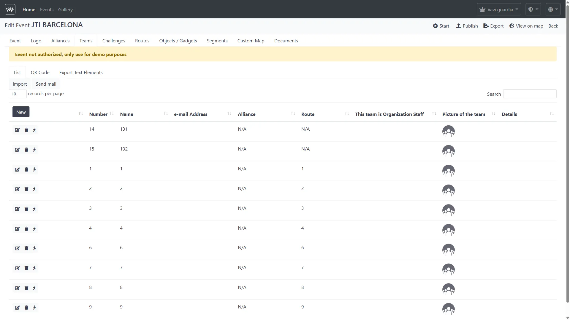 Lista de equipos mostrando 14 equipos con asignaciones de ruta, indicadores de staff y vínculos de dispositivo