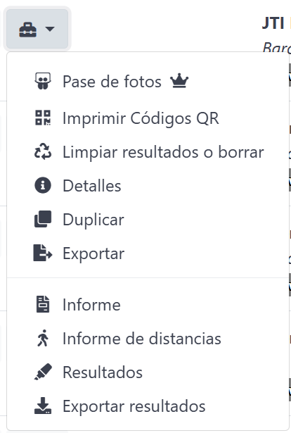 Menú desplegable de fila mostrando todas las acciones operativas